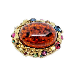 VTG SAMO 652 Signed Amber Stone Brooch w Gold Tone Leaves & Multicolor Stones